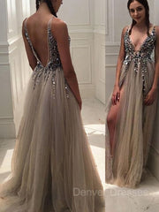 Party Dress Jeans, A-Line/Princess V-neck Sweep Train Tulle Evening Dresses With Rhinestone