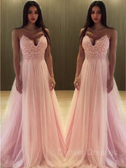 Party Dresses Cheap, A-Line/Princess V-neck Sweep Train Tulle Prom Dresses