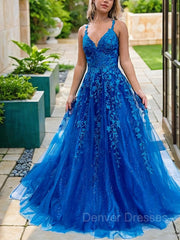 Prom Dresses Near Me, A-Line/Princess V-neck Sweep Train Tulle Prom Dresses With Appliques Lace