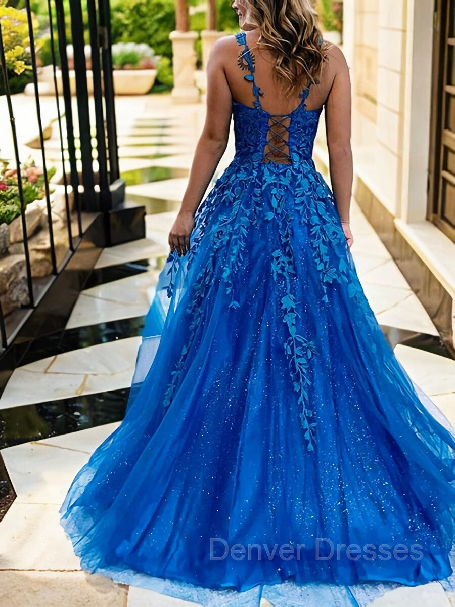Prom Dress Near Me, A-Line/Princess V-neck Sweep Train Tulle Prom Dresses With Appliques Lace