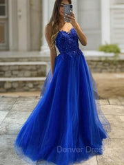 Prom Dress Under 117, A-Line/Princess V-neck Sweep Train Tulle Prom Dresses With Appliques Lace