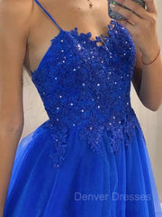 Prom Dresses Under 217, A-Line/Princess V-neck Sweep Train Tulle Prom Dresses With Appliques Lace
