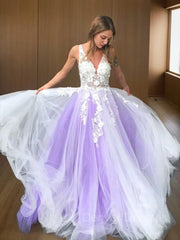 Formal Dress Outfit Ideas, A-Line/Princess V-neck Sweep Train Tulle Prom Dresses With Appliques Lace
