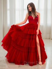 Ball Dress, A-Line/Princess V-neck Sweep Train Tulle Prom Dresses With Leg Slit