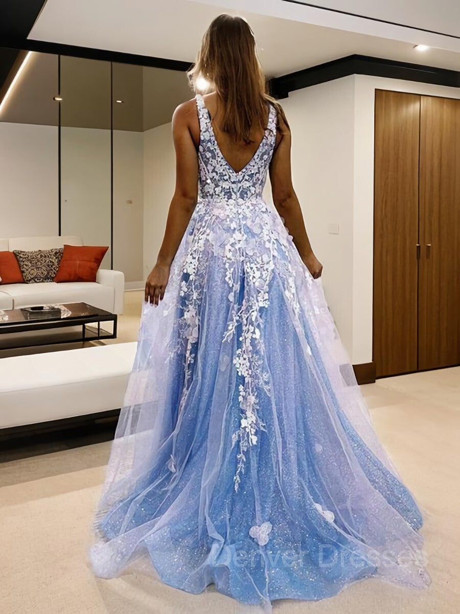 Bridesmaids Dresses Color Schemes, A-Line/Princess V-neck Sweep Train Tulle Prom Dresses With Leg Slit