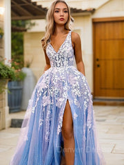 Bridesmaid Dress Color Schemes, A-Line/Princess V-neck Sweep Train Tulle Prom Dresses With Leg Slit