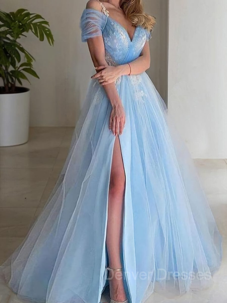 Formal Dress Fashion, A-Line/Princess V-neck Sweep Train Tulle Prom Dresses With Leg Slit