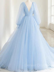 Prom Dress Designers, A-Line/Princess V-neck Sweep Train Tulle Prom Dresses With Ruffles