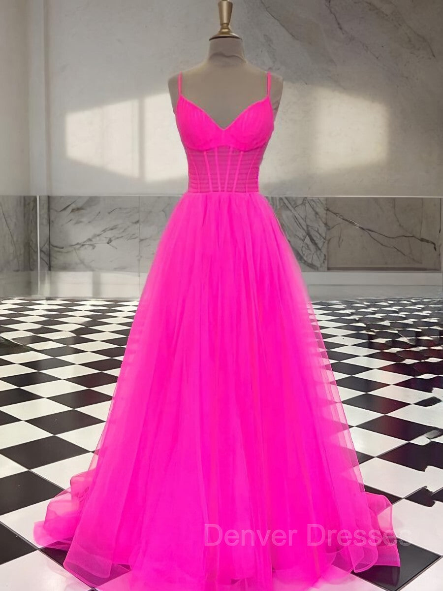 Functional Dress, A-Line/Princess V-neck Sweep Train Tulle Prom Dresses With Ruffles