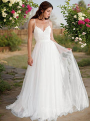 Wedding Dresses Shops, A-Line/Princess V-neck Sweep Train Tulle Wedding Dresses