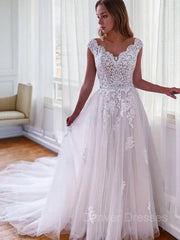 Wedding Dresses Trends, A-Line/Princess V-neck Sweep Train Tulle Wedding Dresses