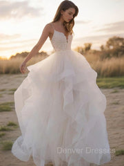 Wedding Dresses Color, A-Line/Princess V-neck Sweep Train Tulle Wedding Dresses