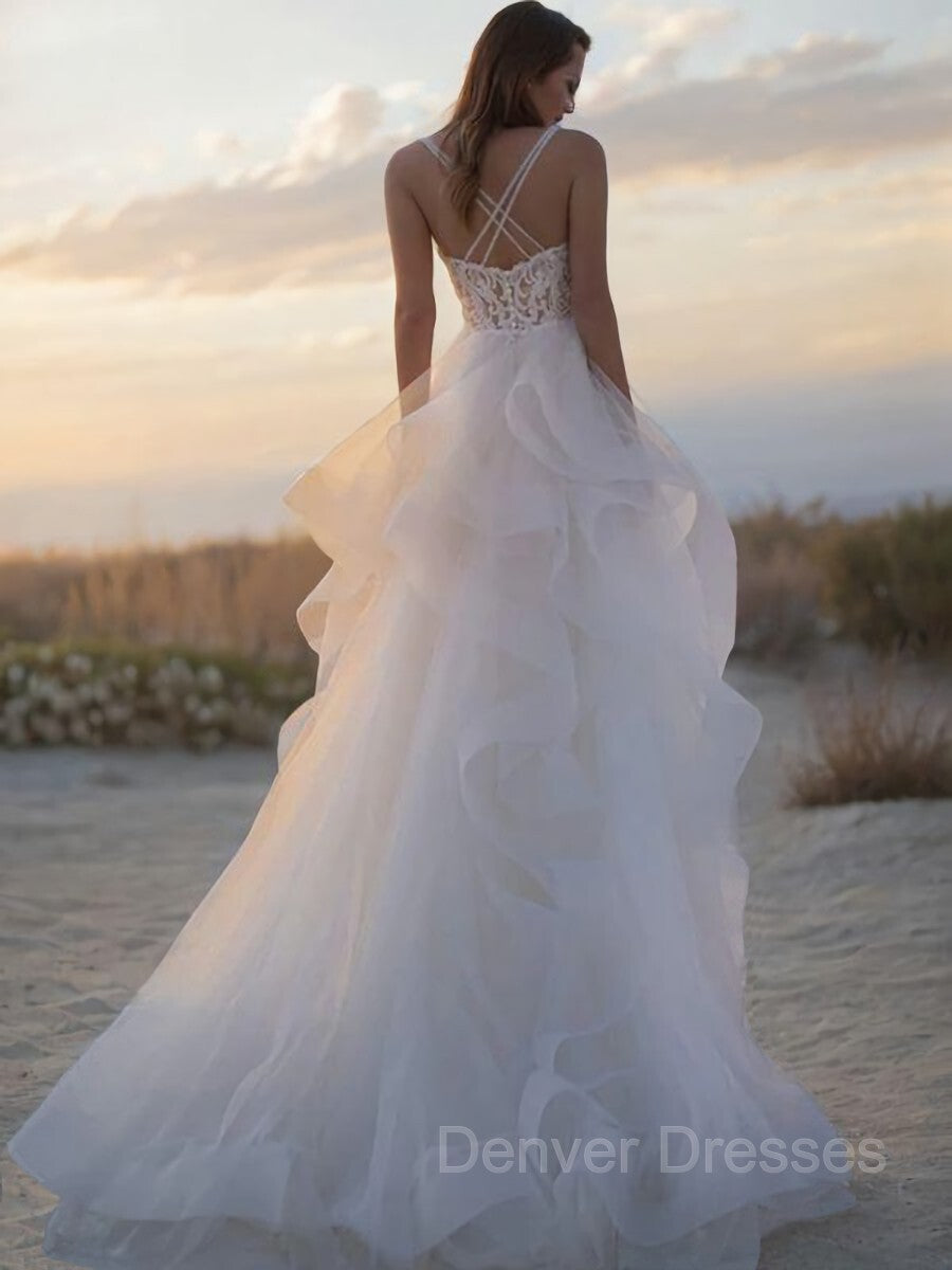 Wedding Dress Colorful, A-Line/Princess V-neck Sweep Train Tulle Wedding Dresses