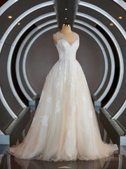 Wedding Dresses Designer, A-Line/Princess V-neck Sweep Train Tulle Wedding Dresses with Appliques Lace