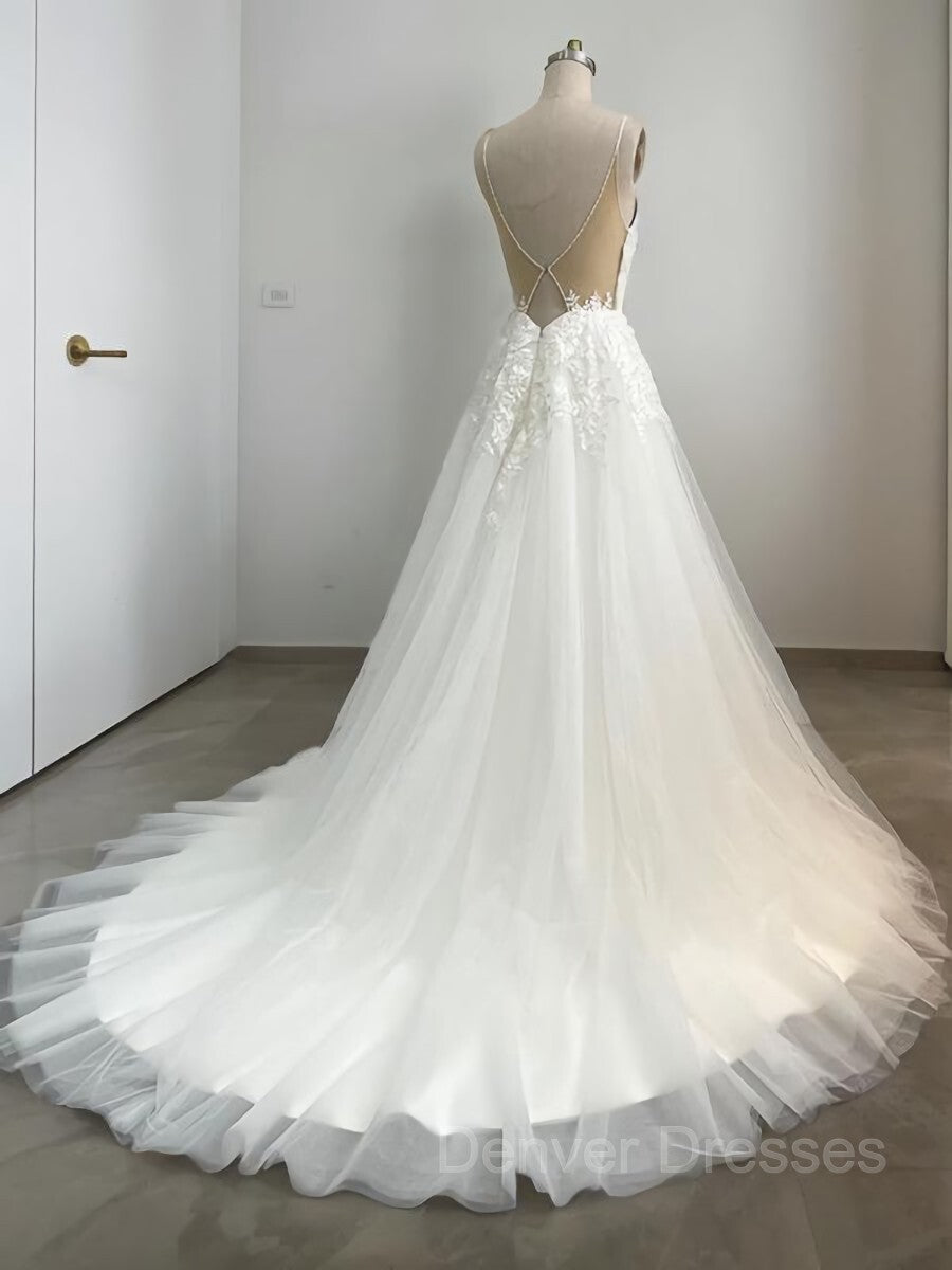 Wedding Dress Price, A-Line/Princess V-neck Sweep Train Tulle Wedding Dresses With Appliques Lace