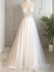 Wedding Dresses And Shoes, A-Line/Princess V-neck Sweep Train Tulle Wedding Dresses With Appliques Lace
