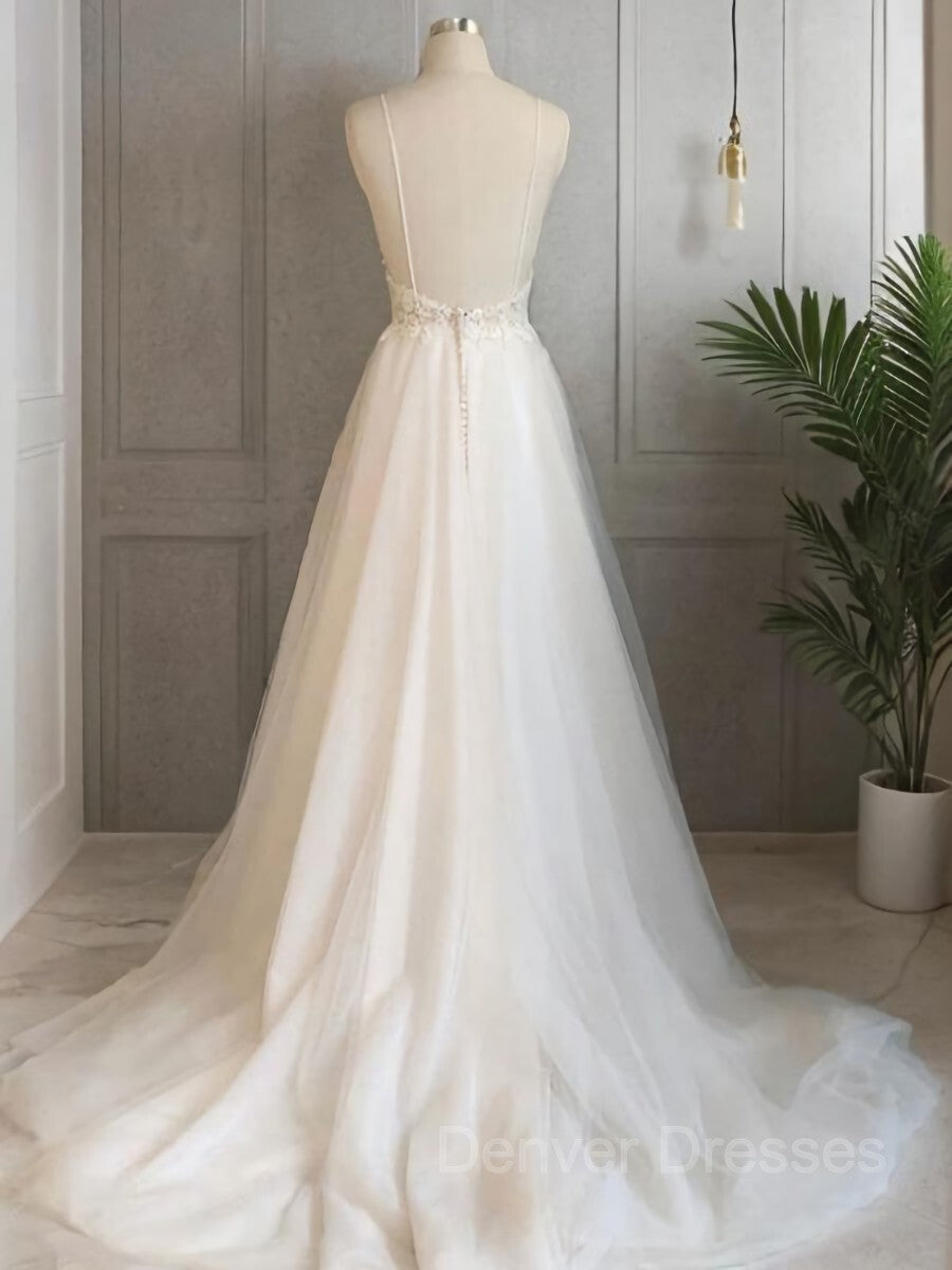 Wedding Dress And Shoe, A-Line/Princess V-neck Sweep Train Tulle Wedding Dresses With Appliques Lace