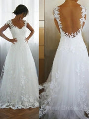 Wedsing Dresses Lace, A-Line/Princess V-neck Sweep Train Tulle Wedding Dresses With Appliques Lace