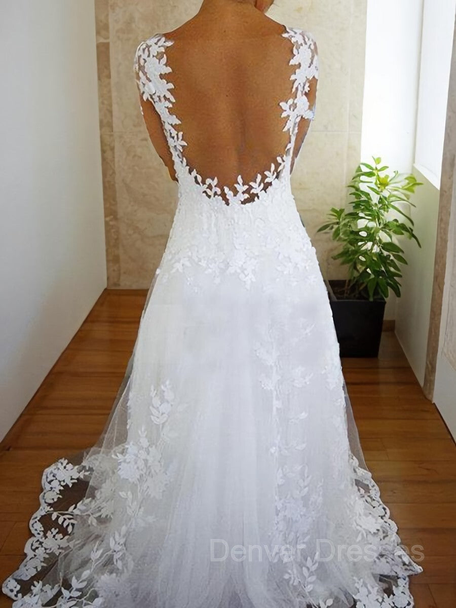 Wedding Dress Ballgown, A-Line/Princess V-neck Sweep Train Tulle Wedding Dresses With Appliques Lace