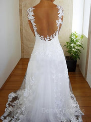 Wedding Dress Ballgown, A-Line/Princess V-neck Sweep Train Tulle Wedding Dresses With Appliques Lace