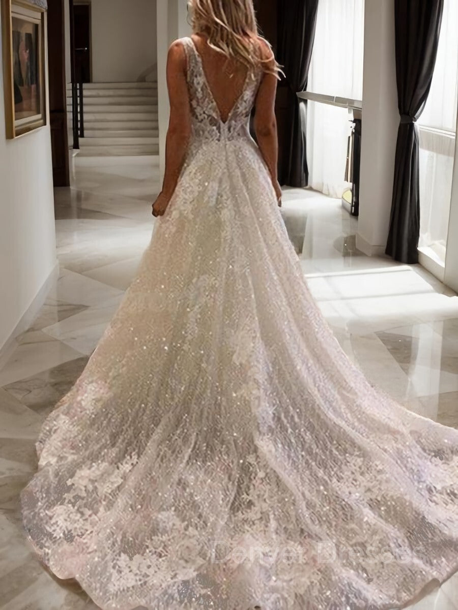 Wedding Dress A Line, A-Line/Princess V-neck Sweep Train Tulle Wedding Dresses With Appliques Lace