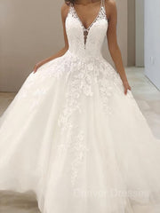 Wedding Dress Sleeve Lace, A-Line/Princess V-neck Sweep Train Tulle Wedding Dresses With Appliques Lace