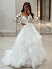 Wedding Dresses Lace Sleeve, A-Line/Princess V-neck Sweep Train Tulle Wedding Dresses With Appliques Lace
