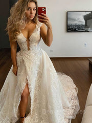 Wedding Dress Modern, A-Line/Princess V-neck Sweep Train Tulle Wedding Dresses With Leg Slit
