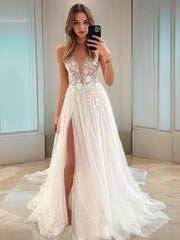 Wedding Dresses Shoulder, A-Line/Princess V-neck Sweep Train Tulle Wedding Dresses With Leg Slit