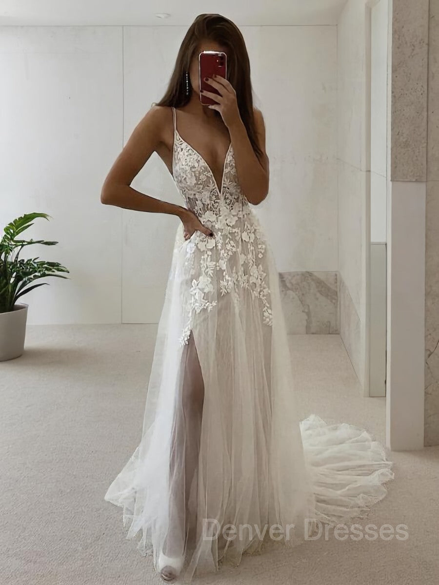 Wedsing Dress Princess, A-Line/Princess V-neck Court Train Tulle Wedding Dresses With Leg Slit