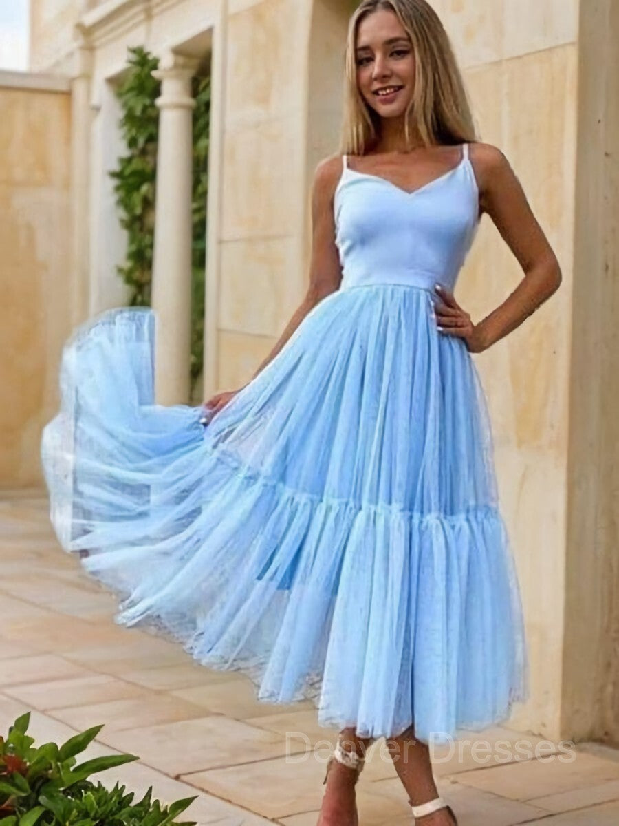 Party Dress Long Dress, A-Line/Princess V-neck Tea-Length Tulle Homecoming Dresses With Pleated