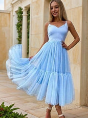 Party Dress Long Dress, A-Line/Princess V-neck Tea-Length Tulle Homecoming Dresses With Pleated