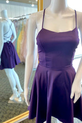 Mini Dress, A-Line Purple Lace-Up Short Satin Homecoming Dresses