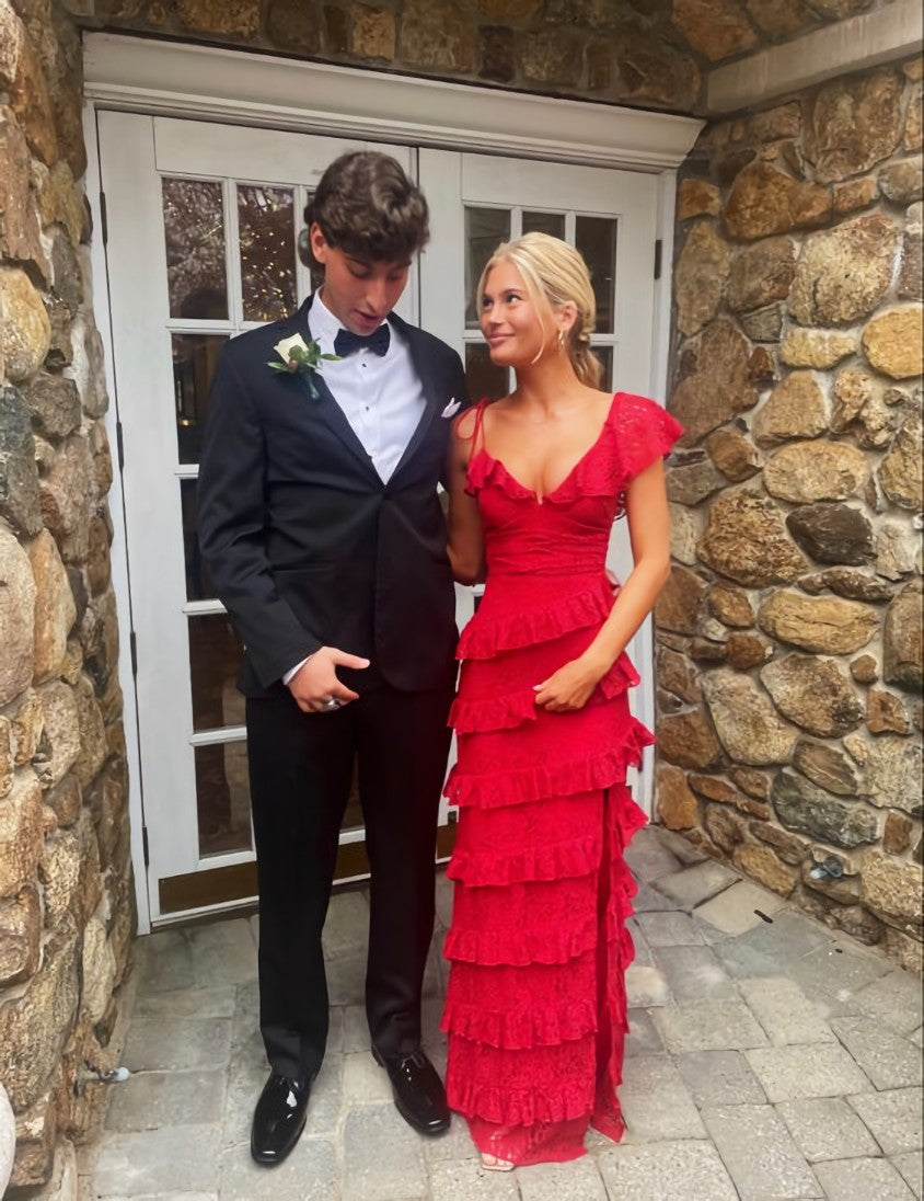 Prom Dress Short, A line Red Lace Long Prom Dresses
