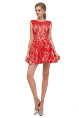 Homecoming Dress, A-Line Red Lace Sleeveless Mini Homecoming Dresses