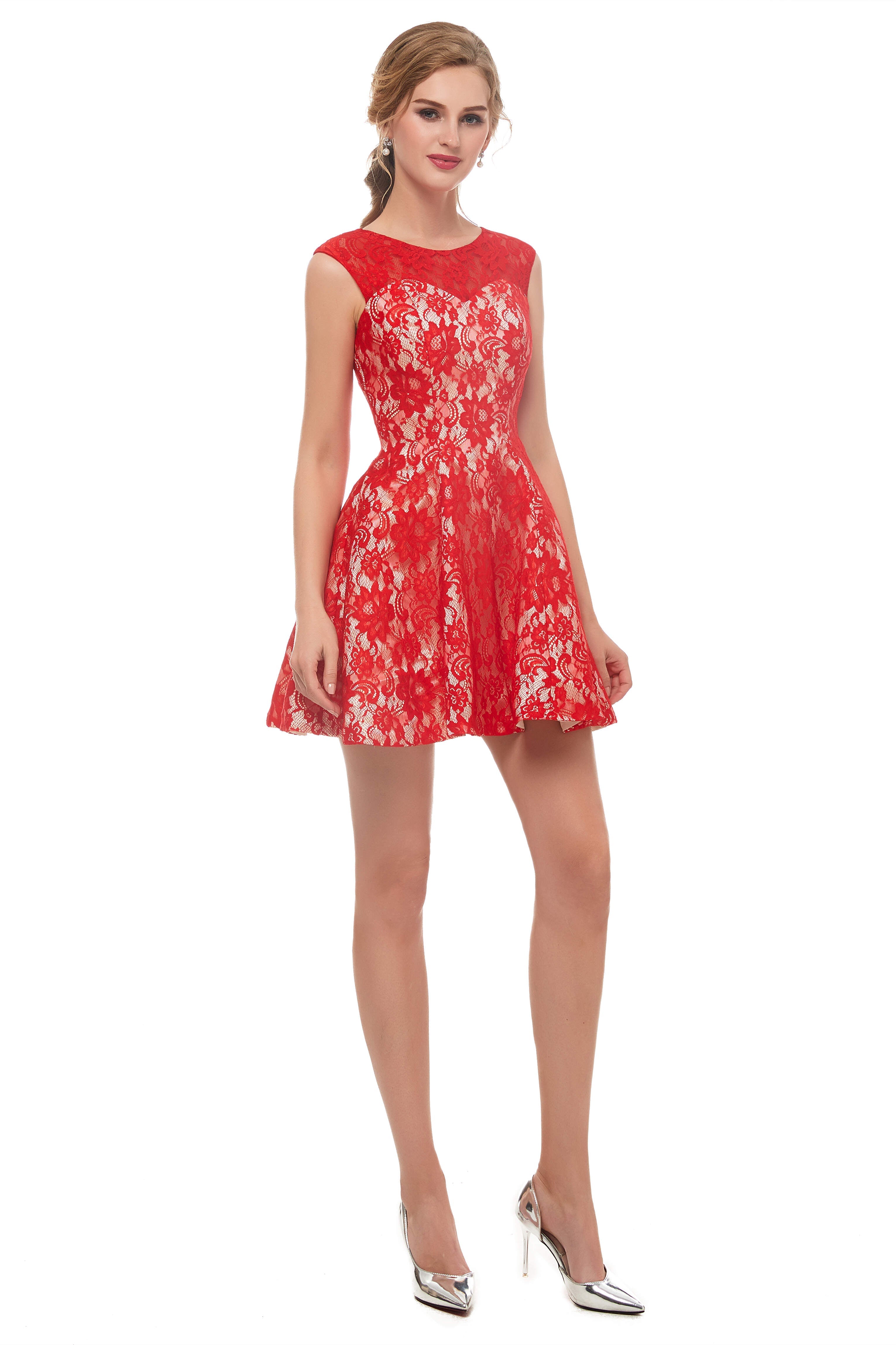 Satin Dress, A-Line Red Lace Sleeveless Mini Homecoming Dresses