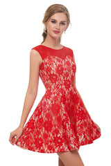 Black Bridesmaid Dress, A-Line Red Lace Sleeveless Mini Homecoming Dresses