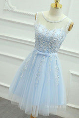 Party Dress Shiny, A Line Round Neck Lace Blue Short Prom Dress, Short Blue Lace Formal Graduation Homecoming Dress