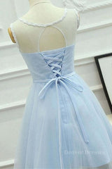 Party Dresses For Girls, A Line Round Neck Lace Blue Short Prom Dress, Short Blue Lace Formal Graduation Homecoming Dress