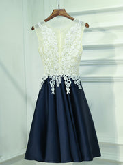 Homecoming Dresses Cute, A Line Round Neck Short Lace Prom Dresses, Navy Blue Short Lace Formal Homecoming Dresses