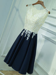 Homecoming Dress Cute, A Line Round Neck Short Lace Prom Dresses, Navy Blue Short Lace Formal Homecoming Dresses
