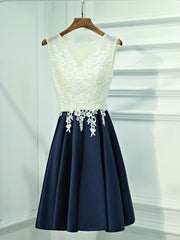 Homecomming Dresses Cute, A Line Round Neck Short Lace Prom Dresses, Navy Blue Short Lace Formal Homecoming Dresses