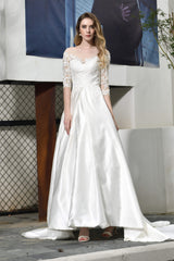 Wedding Dress On A Budget, A-Line Satin Lace 3/4 Sleeves Ankle Length Wedding Dresses