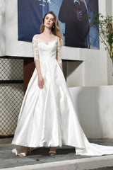 Wedding Dress Designer, A-Line Satin Lace 3/4 Sleeves Ankle Length Wedding Dresses
