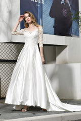 Wedding Dress Designers, A-Line Satin Lace 3/4 Sleeves Ankle Length Wedding Dresses