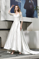 Wedding Dress Vintage, A-Line Satin Lace 3/4 Sleeves Ankle Length Wedding Dresses