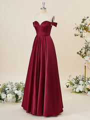 Hoco, A-line Satin Off-the-Shoulder Floor-Length Bridesmaid Dress
