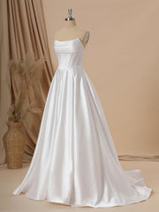 Wedding Dresses Vintage, A-line Satin Straight Pleated Sweep Train Corset Wedding Dress