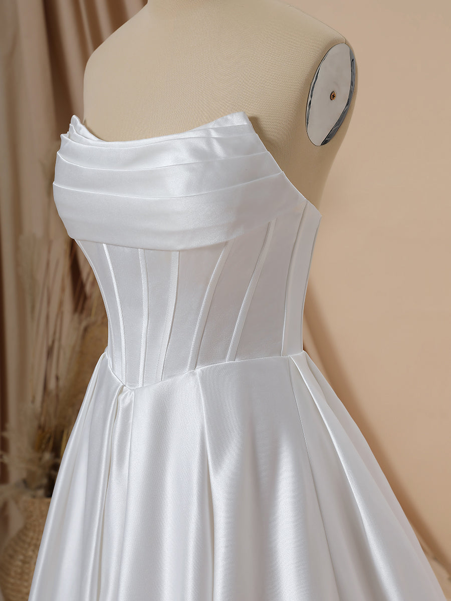 Wedding Dress Styles, A-line Satin Straight Pleated Sweep Train Corset Wedding Dress