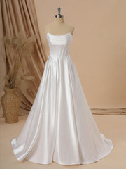 Wedding Dress Ideas, A-line Satin Straight Pleated Sweep Train Corset Wedding Dress